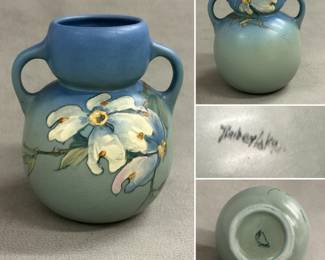 Antique Weller Pottery Company 'Hudson' double-handled vase with hand-painted dogwood floral design on a graduated blue and green matte ground, signature mark of "Timberlake" for Mae Timberlake on the side and "Weller Pottery" base mark , circa 1920's 