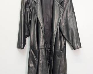 Maxima vintage black leather long swing style coat, size M