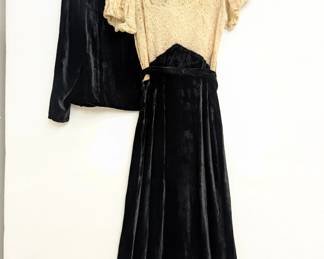 Another view of the vintage black velvet dress and jacket set, the dress with ecru lace bodice, silver-tone and rhinestone buckle at the waist