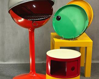 A 1960's Ball B-Q Grill from Kermil Company Limited of Canada, designed by Canadian industrial designer William Wiggins (the grill was given a 1968 Award Merit by the Professional Industrial Designers of Ontario Canada); a set of two stacking Componibile containers designed by Anna Castelli Ferrieri for Kartell, a round green serving tray by Ingrid Ltd. of Chicago, and a round yellow melamine tray made in Sweden 