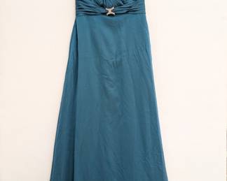A beautiful Belsoie teal silk A-line formal dress with a V-neck and a rhinestone buckle at the shirred waist, size 16