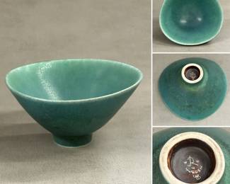 A vintage mid-century Rorstrand green glazed stoneware ceramic dish featuring the artistic signatures of designer Carl-Harry Stålhane (CHS) and the iconic three crowns mark