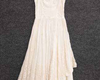 A vintage late '30s flocked white cotton layered dress with spaghetti straps and sweetheart neckline