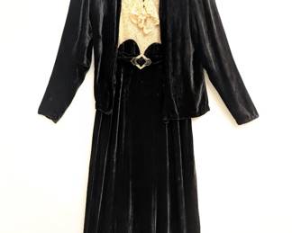 A vintage black velvet dress and jacket set, the dress with ecru lace bodice, silver-tone and rhinestone buckle at the waist