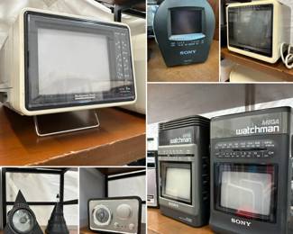 Collectible vintage electronics: A vintage Montgomery Ward television set with a built-in radio, features analog VHF and UHF tuning for television signals and includes both AM and FM radio bands; a Sony Watchman FDL-PT22 portable analog LCD television, a 1970s-80s Quasar television, a Lexon Apollo FM Radio, a Crosley Solo Radio, and Sony Mega Watchman portable black and white televisions (models FD-500 and FD-510) which also feature built-in AM/FM radio receivers.