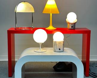 Another look at the mid-century modern lamps and tables, with the lamps lit.