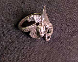 A sterling silver winged dragon ring, marked 925