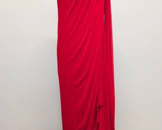 1970s Vintage Halston one shoulder red jersey Grecian toga style maxi gown