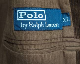 Closeup of Polo Ralph Lauren vintage brown corduroy blazer, with leather elbow patches and buttons, size XL