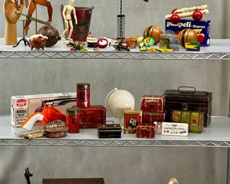 Vintage toys, advertising tins and collectibles including a vintage MCM Xonex artist's model articulated posable figure w/stand, a vintage Life-Like Hobby Kits "Western '44'" model kit featuring an 1860 Army Model pistol, Calumet Baking Powder canisters, Swee-Touch-Nee tea tin, a hand-carved American folk art style wooden swan decoy, and more