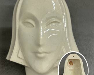 Vintage ARKO ceramic wall mask in stylized Art Deco depiction of human face, off-white with clear crackled glaze. 