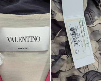 More views of the Valentino floral print blazer with a vibrant red, pink, and grey rose motif; size L, NWT new with tags 