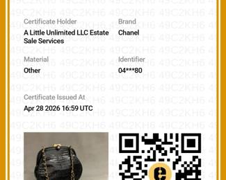 Certificate of Authenticity from Entrupy for the Vintage Chanel 1980s black crocodile frame clutch shoulder bag with chain and leather strap