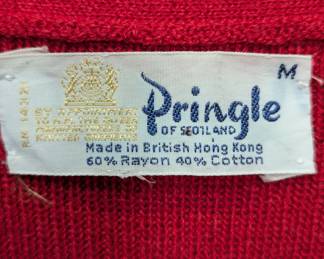 Closeup of vintage Pringle of Scotland men's red cotton blend cardigan sweater, size M, made in Hong Kong 