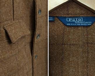 Closeup of Polo Ralph Lauren warm brown wool Harris Tweed Norfolk jacket