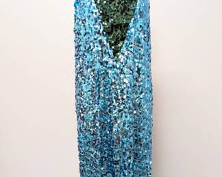 Plan C color-block sequin midi dress in blue and green, made in Italy