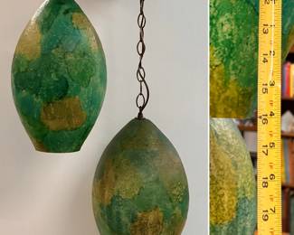 Pair of a vintage Mid-Century Modern green and yellow pendant lights with hanging chain; lamps are possibly spun fiberglass,