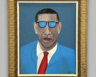 "Obama" painting by outsider artist Dennis Olejarczyk, acrylic on wood panel, signed front and back, dated 2009