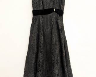 Vintage black lace strapless dress with velvet waistband with rhinestone accents