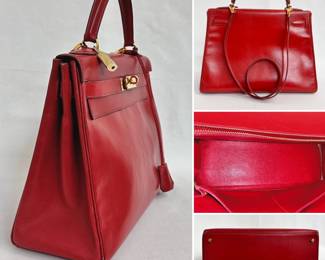 More views of the beautiful 1993 vintage Hermès Kelly Retourne 32 handbag in rouge box leather, authenticated by Entrupy. It comes with a single rolled handle, a removable shoulder strap, and dust bag.