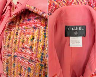 Closeup views of the vintage Chanel multicolor wool and pink silk jacket and dress suit, size 42