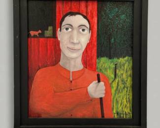 Signed painting by outsider artist Dennis Olejarczyk (Muskegon, Michigan), acrylic on wood panel, dated '03; stylized portrait of a man in a red shirt standing in front of a red barn and a green landscape
