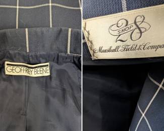 Closeup of Geoffrey Beene navy and white "windowpane" check coat and skirt suit