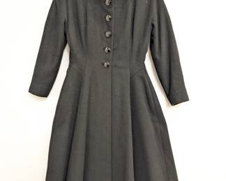 Vintage 1950s style black wool princess coat, inside tailor's label from Mary Benton, Norfolk Virginia