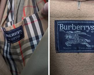 Closeup of Vintage Burberrys' mens khaki color trench coat w/removable 100% wool liner, size 42