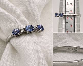 14k white gold ring set with oval tanzanites and petite brilliant diamonds, size 8-1/4