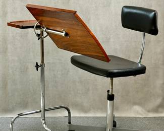 A circa 1965 Kevi office chair, designed by Danish architect and designer Jørgen Rasmussen; stamped underneath with Made in Denmark by KEVI of Copenhagen; and a late 20th Century Houghton Mifflin reading or laptop table with adjustable angle and heights, on casters, unmarked