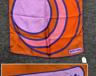 A vintage Peter Max '60s pop art design scarf with orange, blue and purple design