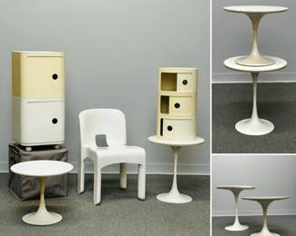 Eero Saarinen-style Tulip side tables, iconic mid-century modern pieces with that distinctive sculptural pedestal base, along with a variety of Kartell Componibili storage units designed by Anna Castelli Ferrieri.