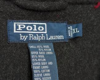 Closeup of the vintage Polo Ralph Lauren charcoal gray wool chore swing jacket, size XL