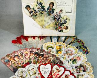 A collection of Victorian-style fan greeting cards and replicas, including a set of "Turn of the Century Fan Greetings" that are reproductions from original 1901 paper fans