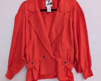 Vintage 1980s Diane Gilman coral red silk jacket with wide lapels and peplum waist, size M