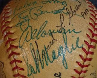 Another view of the 1954 Autographed New York Giants baseball signed by Leo Durocher, Herman Franks, Dave Koslo, Dusty Rhodes, Wally Bock, Wes Westrum, Bob (Bobby) Hofman, Geo (George) Wilson, Fred Fitzsimmons, Monte Irvin, Ruben Gomez, Rog (Roger) Bowman, Al Corwin, Sal Maglie, “The Barber”, Bill Rigney, Whitey Lockman, Daryl Spencer, Willie Mays, and Hoyt Wilhelm. Also has a stamped “Howard Green, Pres.” signature. That was a Class B minor league in Texas, and Green was president from ‘51-‘55. 