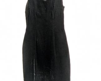 A black velvet cutout cocktail party sheath dress, sleeveless, rhinestone trim at neckline