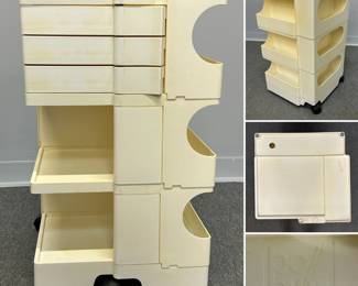 A vintage white Boby modular portable storage trolley designed by Joe Colombo in 1969 for Bieffeplast. 