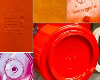 Closeup of vintage mid-century plastic serving ware, dish ware, and other items including pieces by Danese Milano (Italy), Gustavsberg (Sweden), Florineige, Heller, Dansk, and Fiskars Finland 