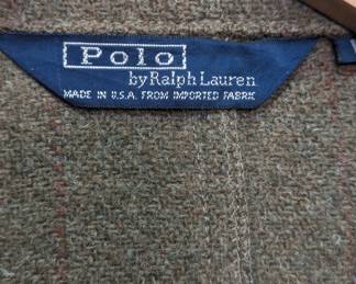Closeup of vintage Polo by Ralph Lauren brown tweed wool Norfolk jacket, size L