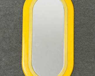 Vintage 1980s bright yellow plastic framed oval wall mirror, approximately 17-1/2"X x 36" H