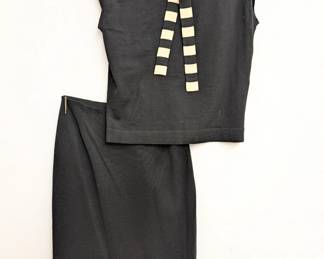 1960s Cisa of Italy grey wool sleeveless top and short skirt, the top with a white and gray striped scarf/tie; size 14