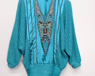 Bonnie Boerer vintage 1980s butterfly sweater, turquoise with embroidery and sequins, size medium
