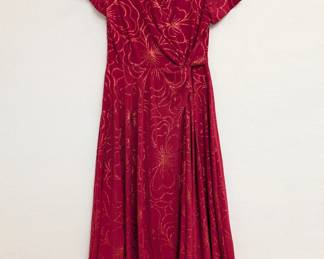 A vintage Perceptions New York red short sleeve wrap dress, with sparkly red embroidered overall floral pattern; size S