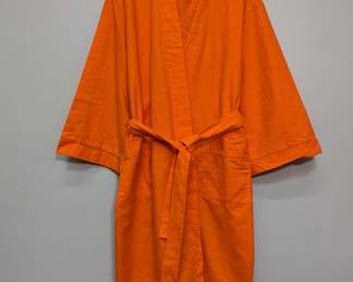 A Brandywine men's orange cotton robe with kimono-style collar, two front patch pockets, and a matching self-tie belt