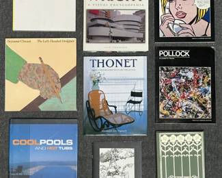 Just some of the hundreds of books available at this sale, including Art 1980 Chicago Navy Pier May 15-20, 1980 Catalogue, The Left-Handed Designer by Seymour Chwast, Frank Lloyd Wright A Visual Encyclopedia, Lichtenstein by Lawrence Alloway, Pollock by Elizabeth Frank, Thonet Classic Furniture in Bent Wood and Tubular Steel by Alexander von Vegesack    