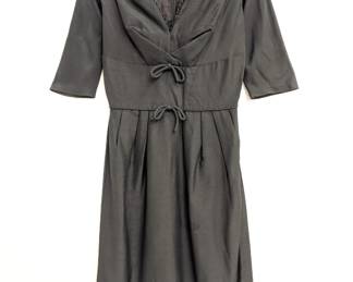 40s-50s vintage Kerrybrooke for Sears little black dress with lace-edged V-neckline, and 3/4 length sleeves