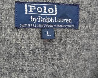 Closeup of Polo Ralph Lauren duffle coat, gray tweed, hooded wool toggle coat with signature toggles and patch pockets; size L
