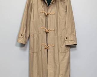 A vintage Ralph Lauren Polo duffle coat, khaki color with green interior, hooded, classic wooden toggle fastenings, size S